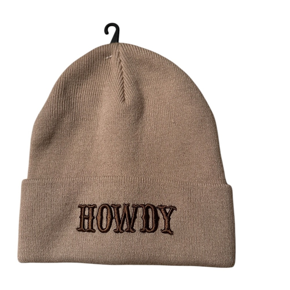 Chic Tan Beanie with 'Howdy' Stitching. NWT
